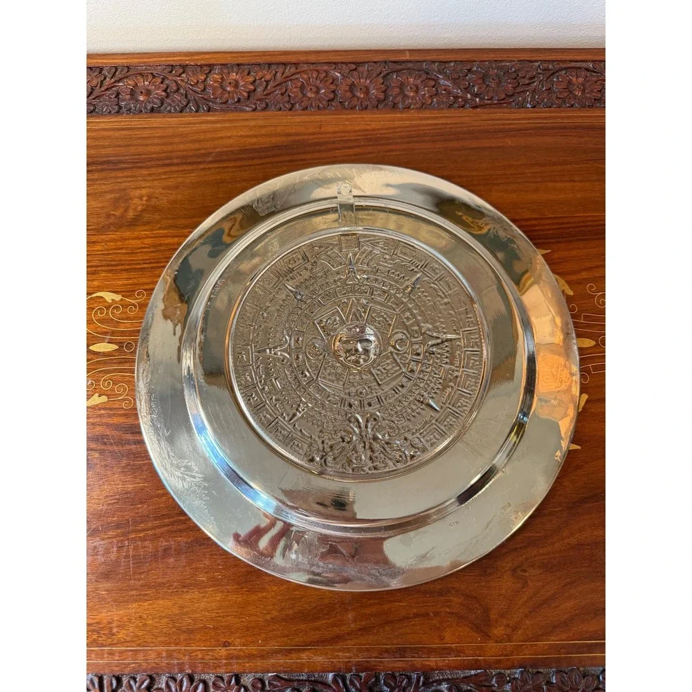 Vintage Aztec Calendar Wall‎ Plate - Alpaca Mexico Silver with Abalone Inlay